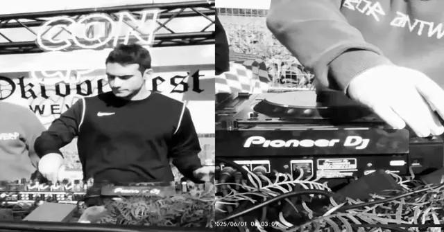 Black and white collage of hands on Pioneer decks at Oktoberfest